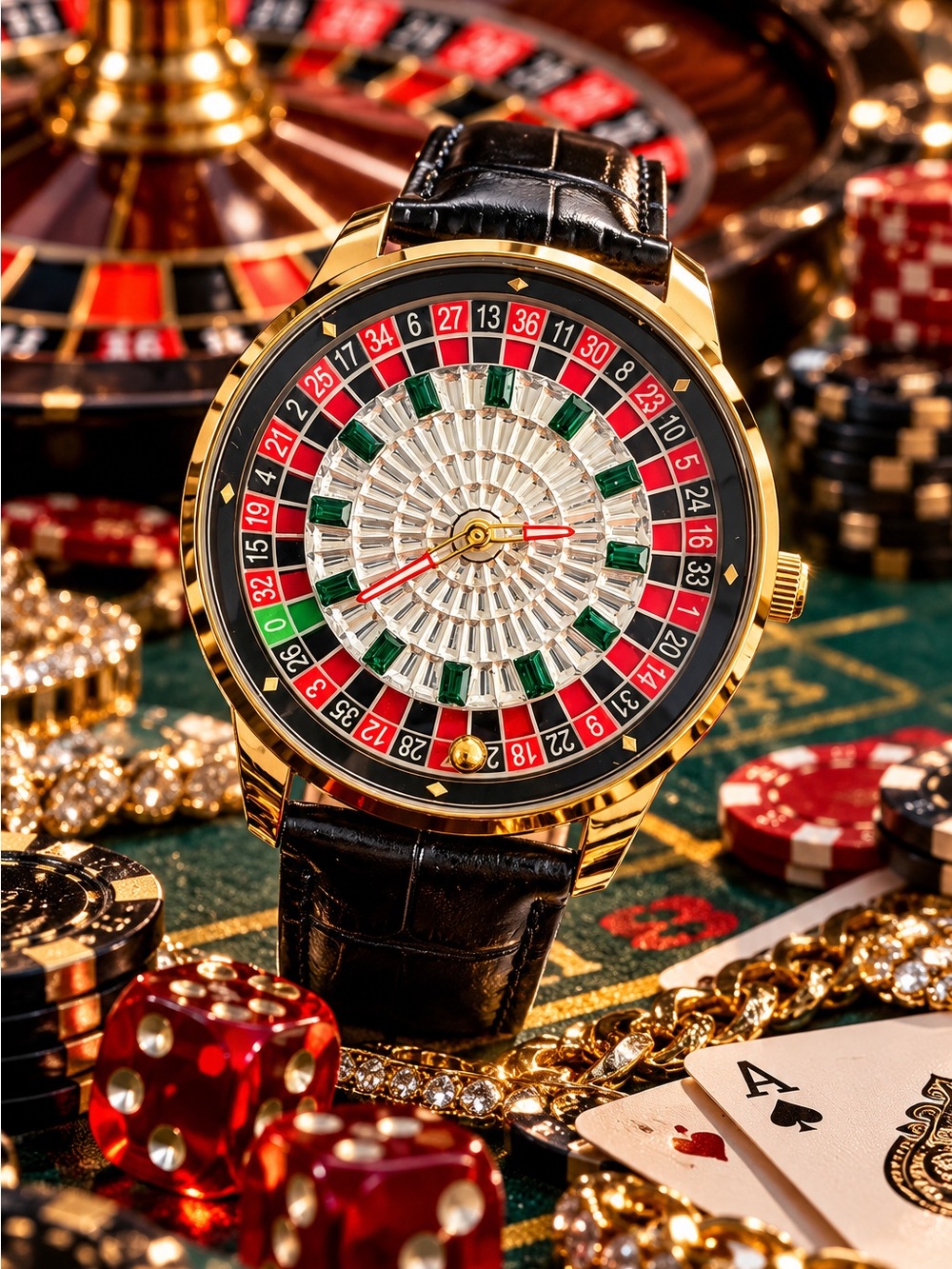 Gold Roulette Casino Crystal Dial Black Strap Watch